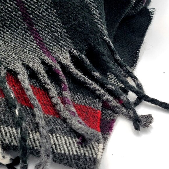Plaid Fringe Dark Academia Preppy Scarf - Black Red & Gray Checkered Design - Picture 4 of 5